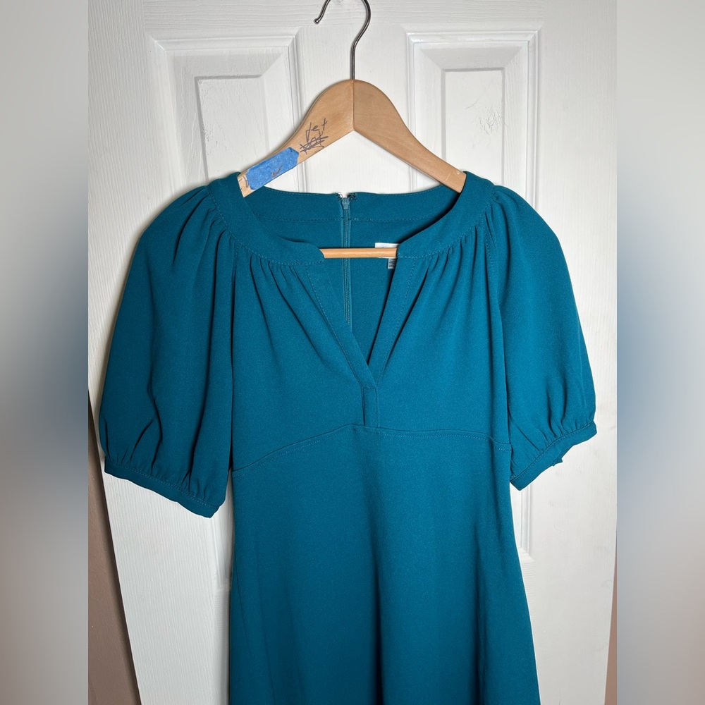 Calvin Klein Women's 6P Teal Blue Split Neck A-Line Mini Dress - Picture 4 of 16